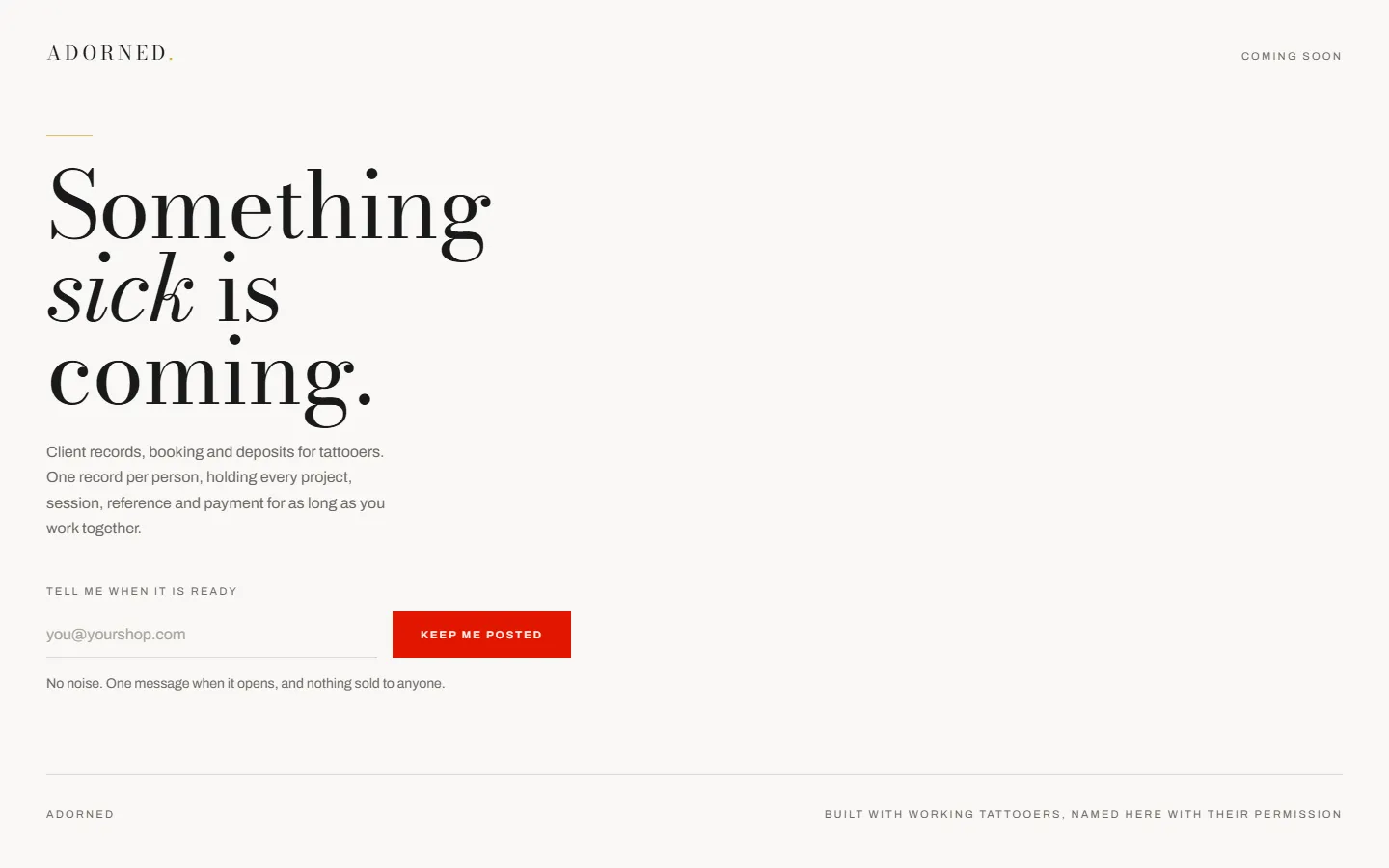 Adorned coming-soon page for tattooer booking software