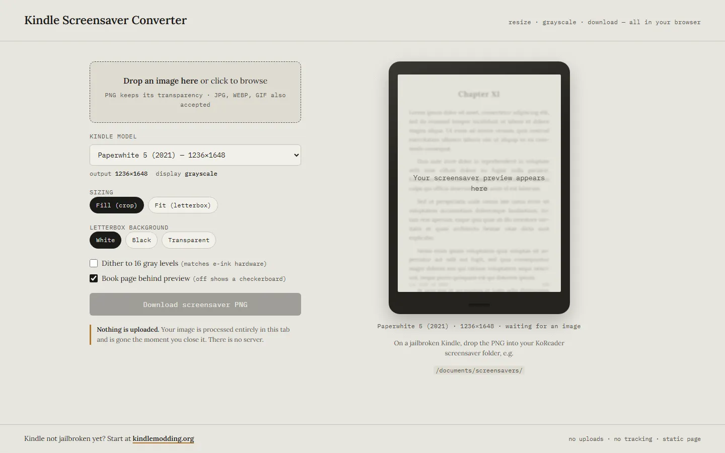 Kindle Screensaver Converter tool with a Kindle preview