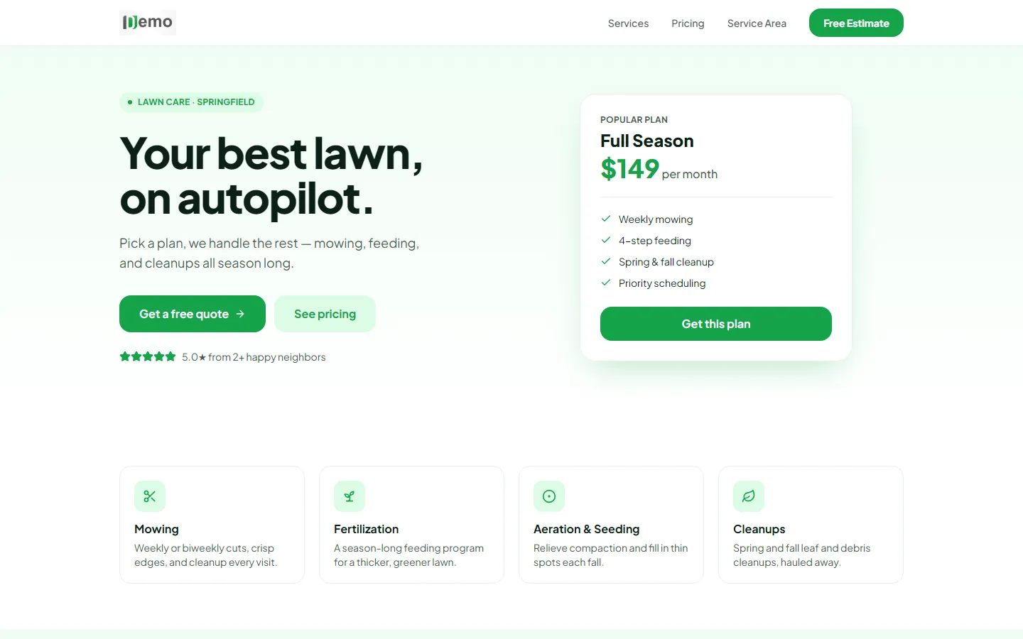 MowScaper demo site for a lawn care company, showing services and a monthly plan