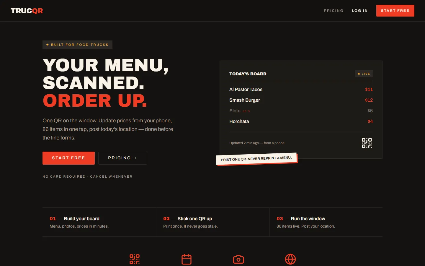 TrucQR homepage showing a live food truck menu board
